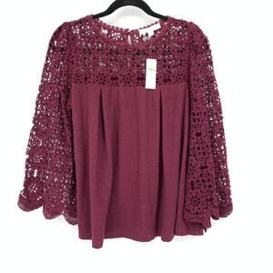 Anthropologie Eri + Ali Marigold Blouse Sz M Plum Crochet Yoke Flare Sleeves NEW